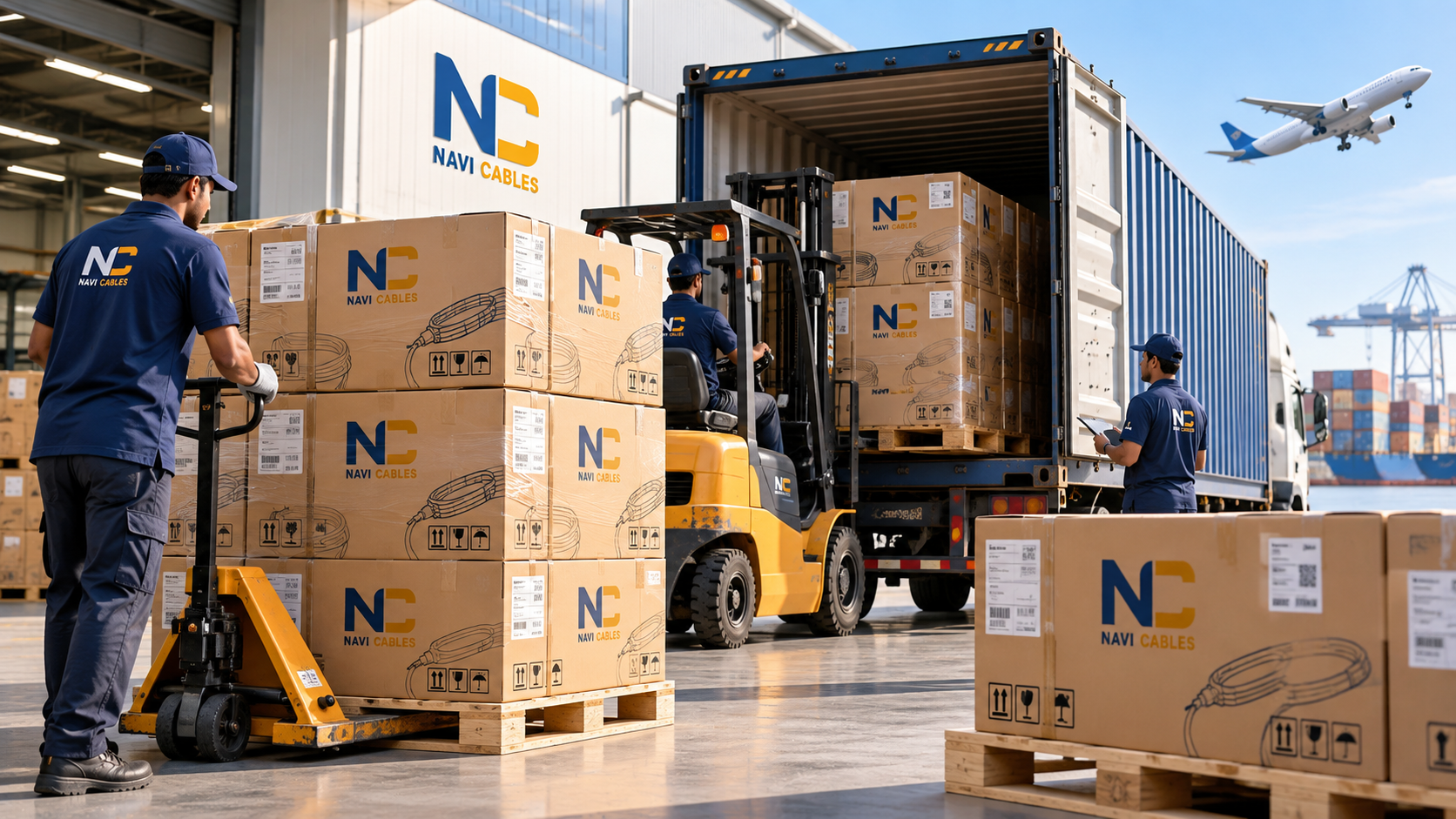Navi Cables branded cartons being loaded into a shipping container